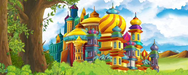 Cartoon nature scene with beautiful castle near the forest - illustration for the children