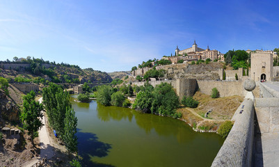 Panoramic view of the former Imperial City of Toledo, a UNESCO World Heritage site located on the Tagus River in Castile La Mancha, Spain