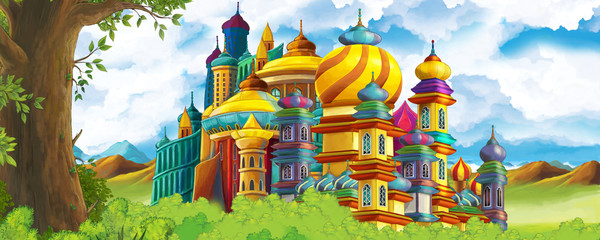 Cartoon nature scene with beautiful castle near the forest - illustration for the children