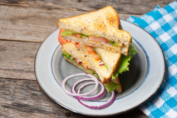 Grilled cheese sandwich with tomato and whole grain bread on wooden background