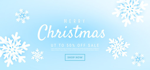 Christmas and New Year background with winter volumetric snowflakes on a blue background. Merry Christmas card. Vector illustration