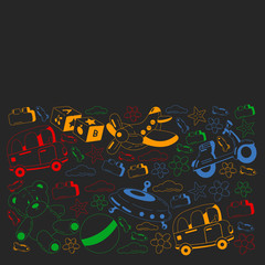 Kindergarten vector pattern with toys. Children play and grow together.