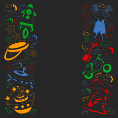 Kindergarten vector pattern with toys. Children play and grow together.