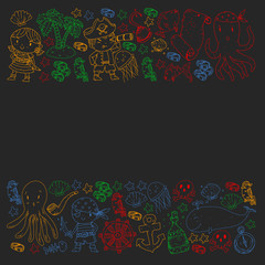 Pirate party. Illustrations for little children. Kids birthday celebration with treasure island, octopus, pirates