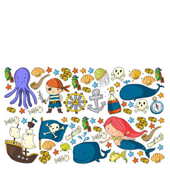 Pirate party. Illustrations for little children. Kids birthday celebration with treasure island, octopus, pirates