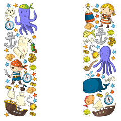 Naklejka premium Pirate party. Illustrations for little children. Kids birthday celebration with treasure island, octopus, pirates