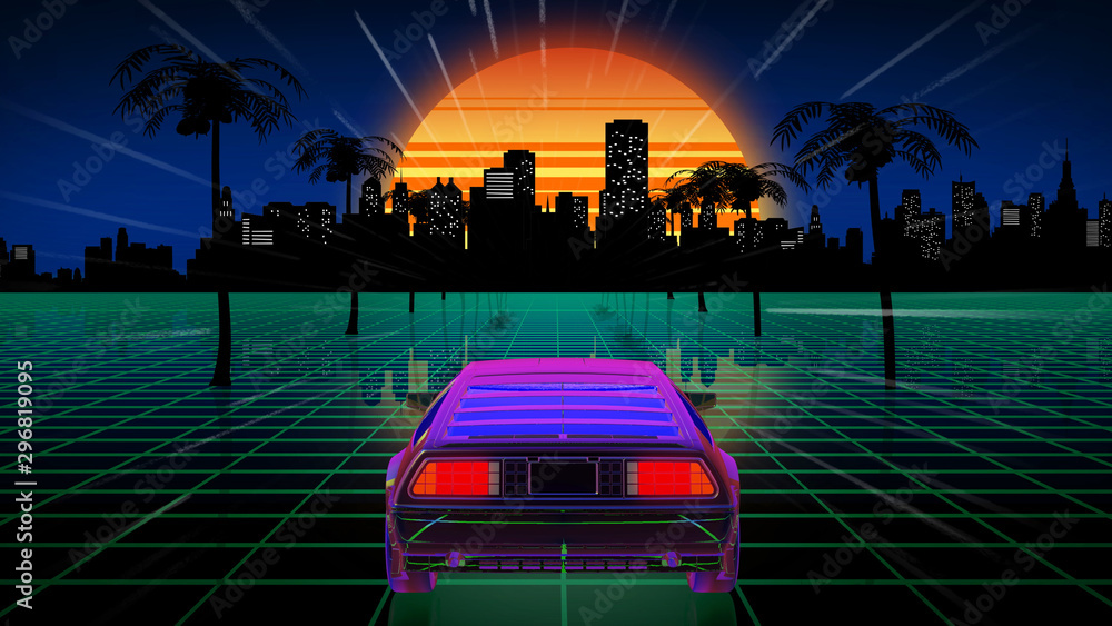 Poster 3d rendering bright retro futuristic world of computer space in the style of science fiction of the 