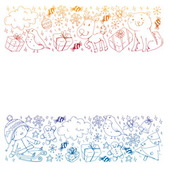 Christmas pattern with little children. Kids play and have fun during winter vacations.