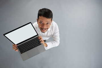 Young man hold laptop