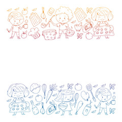 Healthy food and cooking. Fruits, vegetables, household. Doodle vector set.