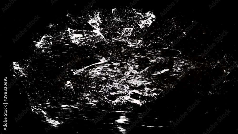 Poster abstract unknown mysterious rotating shape consisting of small white flying space dust on black back