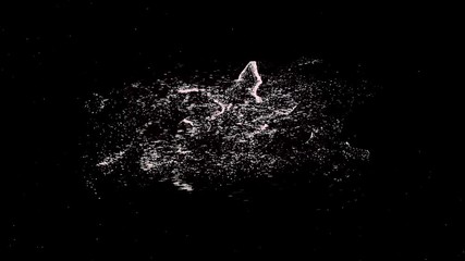 Abstract animated motion graphic with white swirling particles moving on black background, seamless loop. Animation. White tiny flying dots with a shape in the middle of the cloud, monochrome. - Powered by Adobe