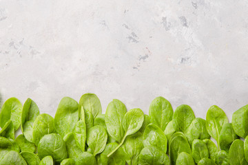 Baby spinach leaves on grey concrete background, top view, copy space. Clean eating, detox, diet...