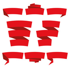 Folded ribbon banner set. Collection of red label templates. Vector illustration