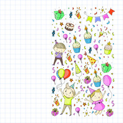 Fototapeta premium Happy boys and girls. Little kindergarten preschool children. Birthday party celebration. Icons for banners, posters, invitation.
