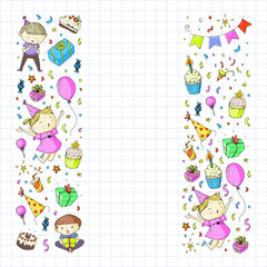 Happy boys and girls. Little kindergarten preschool children. Birthday party celebration. Icons for banners, posters, invitation.