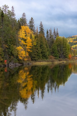 Fototapeta na wymiar A lake in the forest in Canada, during the Indian summer, beautiful colors of the trees 