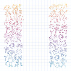 Fototapeta premium Vector pattern with travel and beach icons. Parents with little kids. Children summer vacation.
