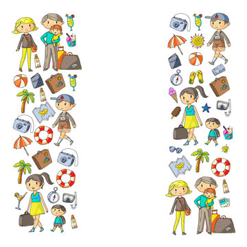 Vector pattern with travel and beach icons. Parents with little kids. Children summer vacation.