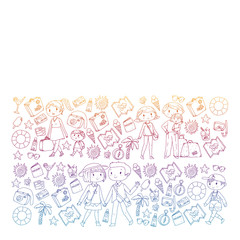 Vector pattern with travel and beach icons. Parents with little kids. Children summer vacation.