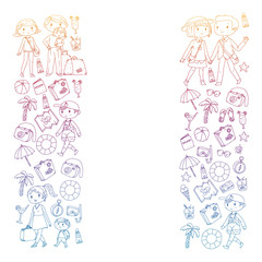 Vector pattern with travel and beach icons. Parents with little kids. Children summer vacation.