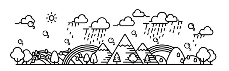Naklejka premium Rainy and rainbow landscape panorama view. Perfect environmental.