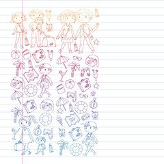 Vector pattern with travel and beach icons. Parents with little kids. Children summer vacation.