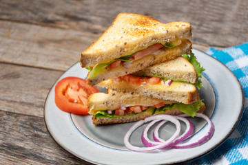 Grilled cheese sandwich with tomato and whole grain bread on wooden background