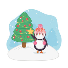 cute penguin and decorated tree merry christmas