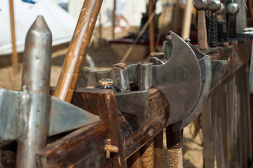 Detail of medieval blacksmith's clothing, tools and weapons in the traditional yearly Medieval Market celebration in monastery of Manasija in Serbia