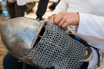 Detail of medieval blacksmith's clothing, tools and weapons in the traditional yearly Medieval...