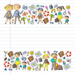 Vector pattern with travel and beach icons. Parents with little kids. Children summer vacation.