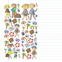 Vector pattern with travel and beach icons. Parents with little kids. Children summer vacation.