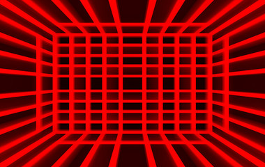 3d rendering. Red light panel square on dark wall room background.