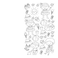Children summer vacation. Holidays with little kids. Sea, beach and ocean. Travel and adventure vector pattern.