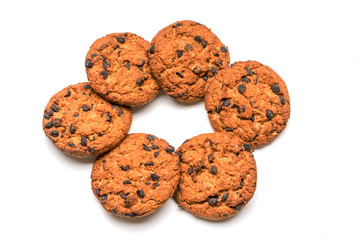 Oatmeal raisin cookies isolated on a white background.