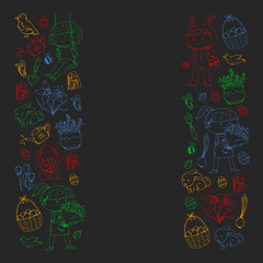 Naklejka premium Vector pattern with easter and spring elements. Eggs in basket, bunny, flowers, birds