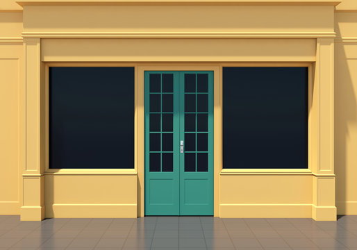 Classic yellow shopfront with large windows and green door. Small business yellow store facade