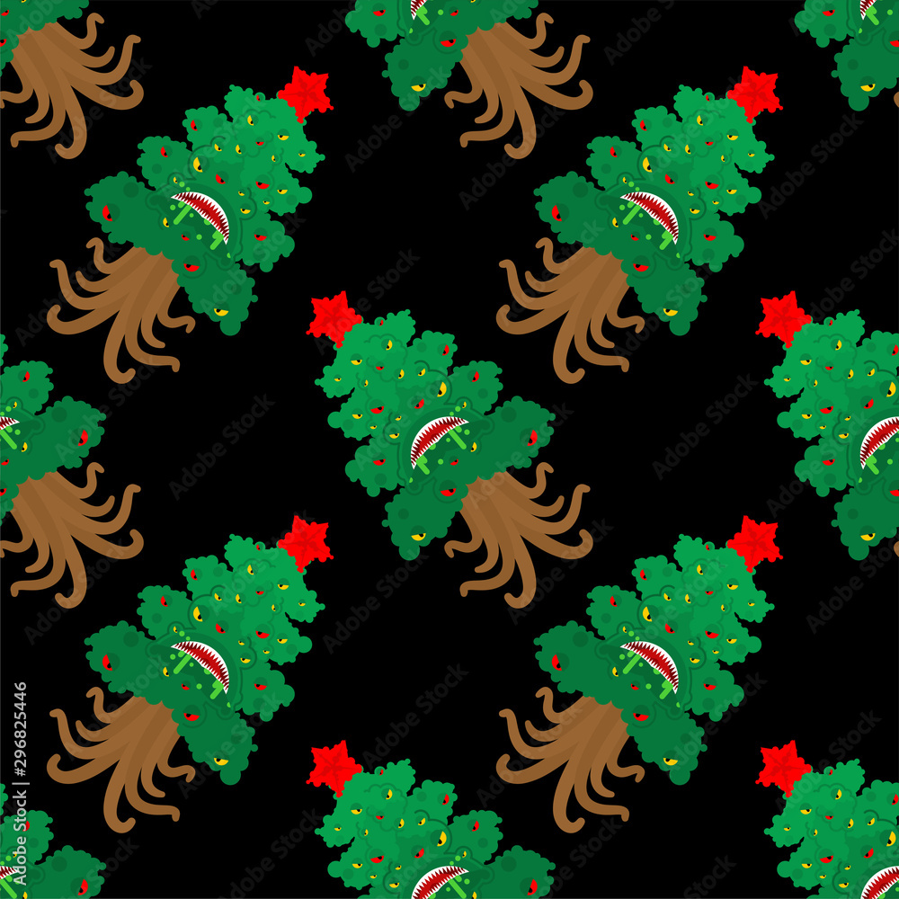 Poster christmas tree monster pattern seamless. fir mutant background . angry xmas and new year vector text