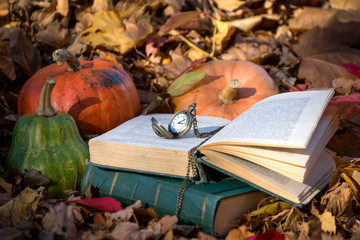 An old pocket watch lies on books and pumpkins lie on a heap of fallen autumn leaves.