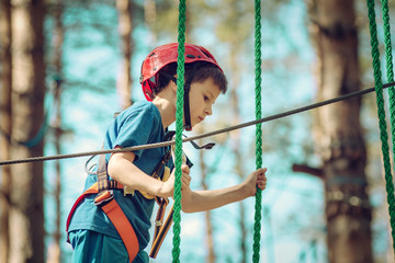 Young child boy in safety harness and helmet attached with carbine to cable moves confidently along...