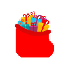 Santa bag pixel art. Red sack 8 bit Xmas. Pixelate New Year