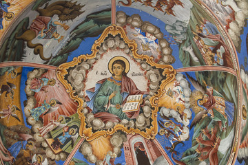 Religious frescoes on the treatises from the Bible, painted on the church wall in Rila Monastery,...