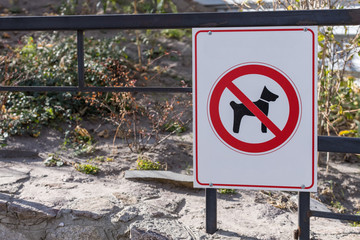 Walking with a dog is prohibited, a sign hangs on a fence in a park.