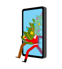 Santa Claus Congratulation online Gadget. christmas and New Year. Gifts and Smartphone. web present order. gift box Shop window in Phone screen