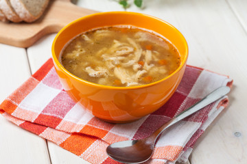 Traditional polish tripe soup with vegetables.