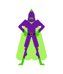 Fototapeta na wymiar Eggplant superhero. Super Vegetable in mask and raincoat. Strong Eggplants