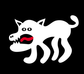 Funny cartoon dog or wolf with toothy mouth and red tongue. Horror for Halloween. Vector art graphic.