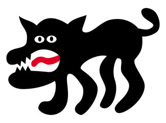 Funny cartoon dog or wolf with toothy mouth and red tongue. Horror for Halloween. Vector art graphic.