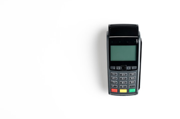Wireless credit card payment terminal on an isolated white background.